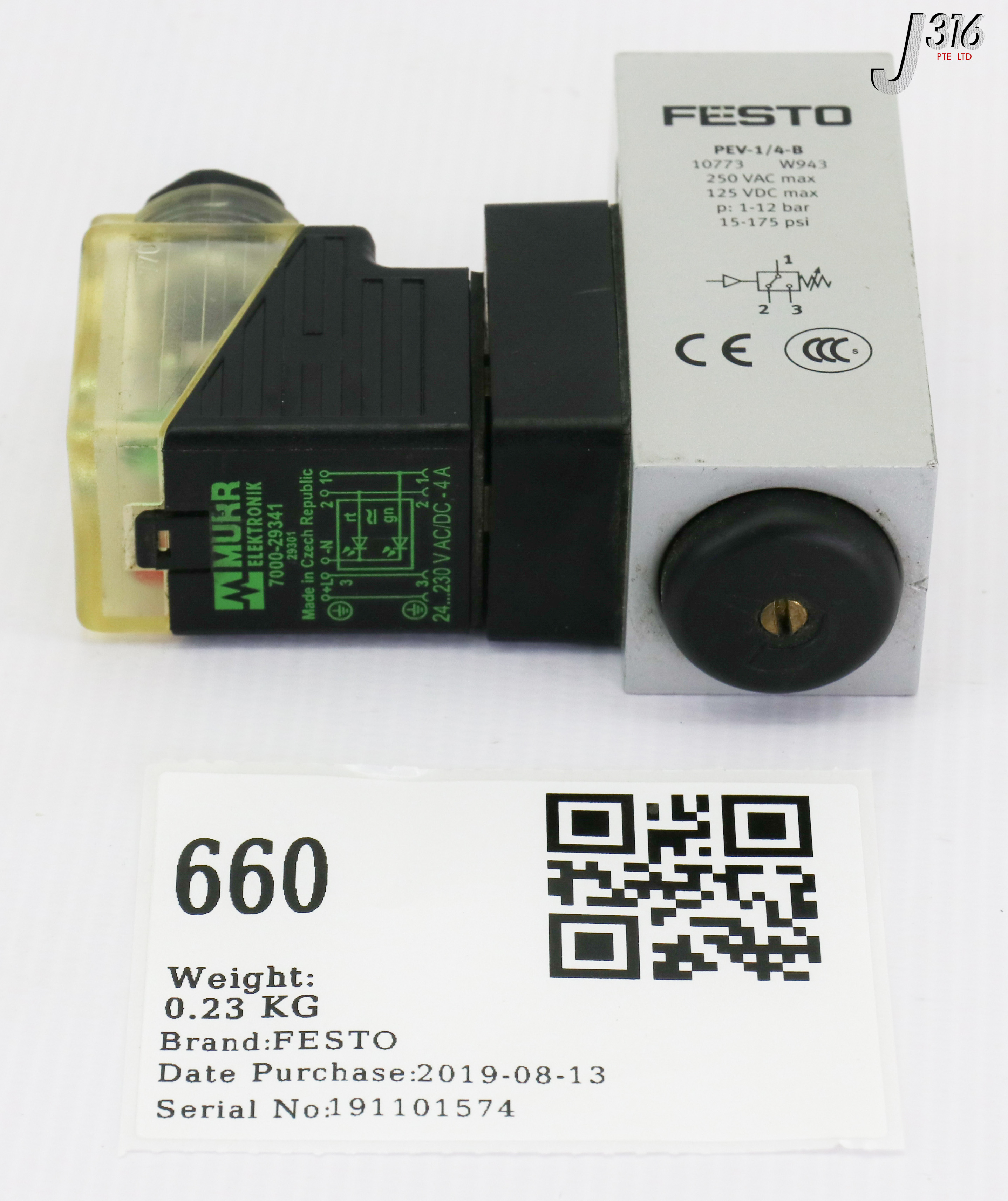 660 FESTO PRESSURE SWITCH W/MURR VALVE PLUG 7000-29341 PEV-1/4-B